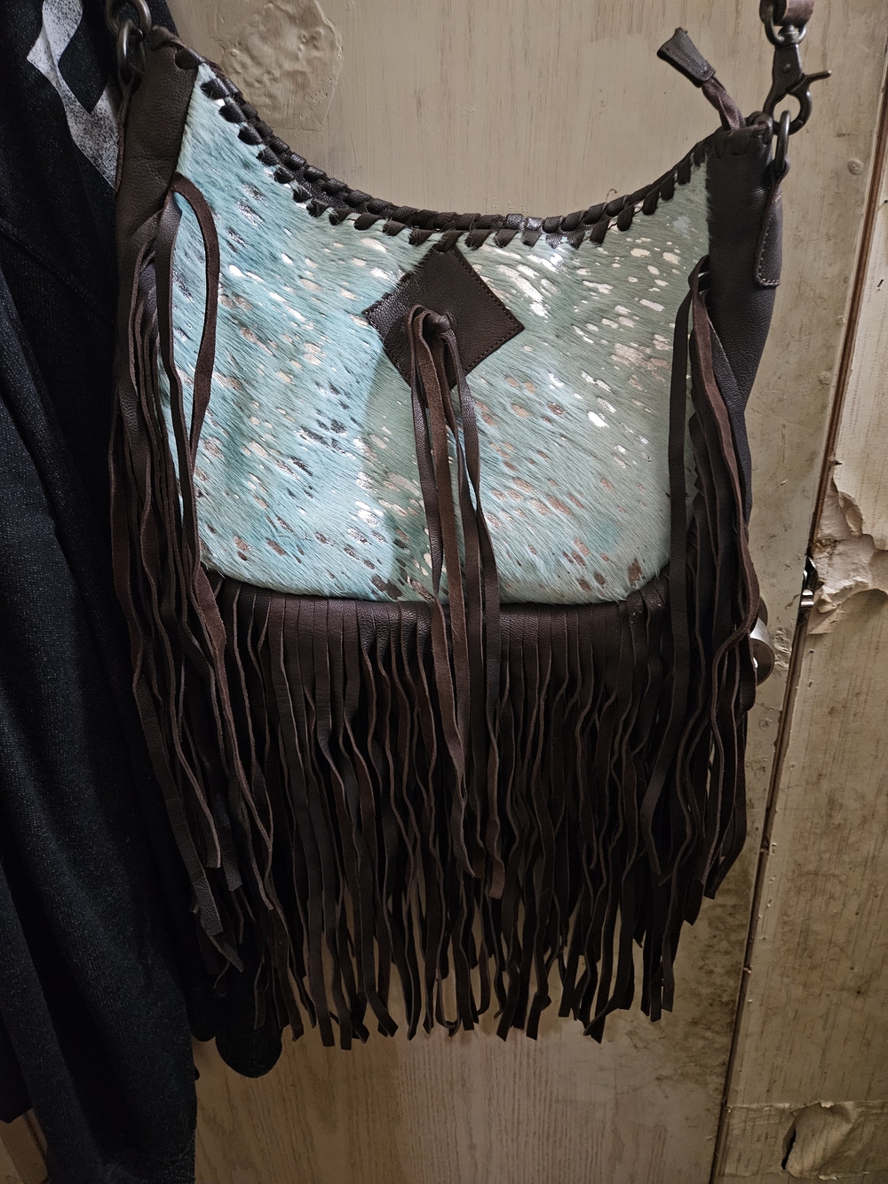 American Darling Aqua Hair On Hide and Brown Fringe Shoulder Bag